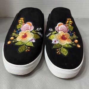 Steven Sz 9.5W Natural Comfort Lora Black Floral Embroidered Mules Slip-On Shoes